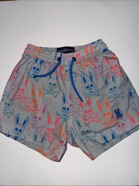 Psycho Bunny Boys 4/XXS Gray Swim Trunks with Neon Bunny Skull Print
